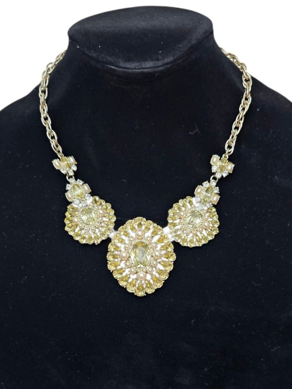 Ann Taylor Statement Necklace Yellow Crystal Faux Pearl Rhinestone Gold Tone